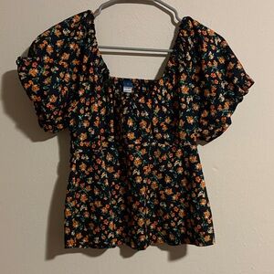 Old Navy Black and Orange Floral Puff Sleeve Blouse